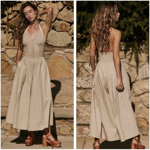 Free People Pants - Free People Making Moments Jumpsuit Wide Leg Backless Tan Cream